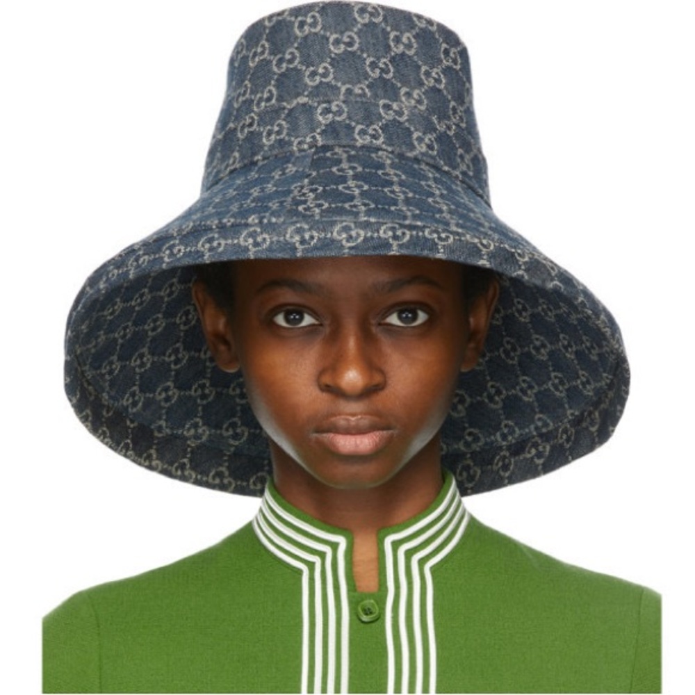 Gucci Denim GG Monogram Bucket Hat  Wide Large Brim Navy Blue Jacquard Beach - Picture 7 of 16